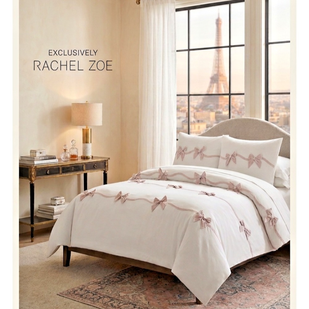 Rachel Zoe Bow Comforter 3 Pcs Set Full Queen White Pink Embroidered 100% Cotton